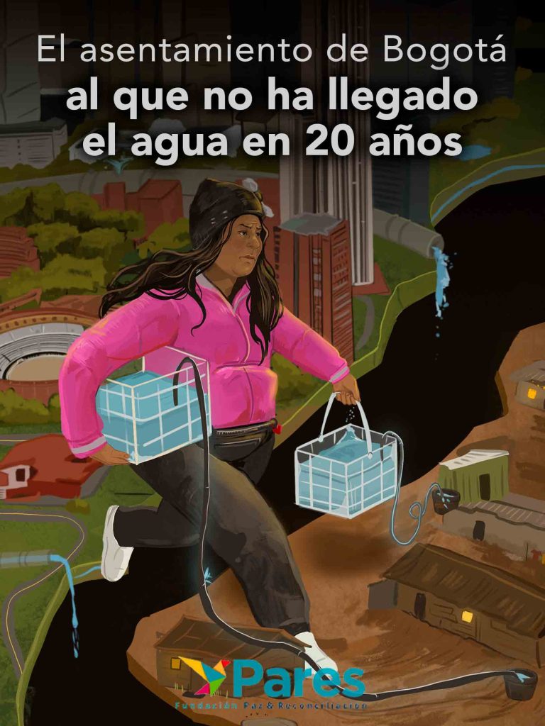 102 mil personas censadas en el 2018 por el DANE en Bogotá y municipios aledaños no cuentan con el servicio de agua potable porque pertenecen a urbanizaciones no legalizadas. El Guabal es una de ellas. Una líder de la zona hizo lo que el distrito no logró: llevar agua a sus habitantes.