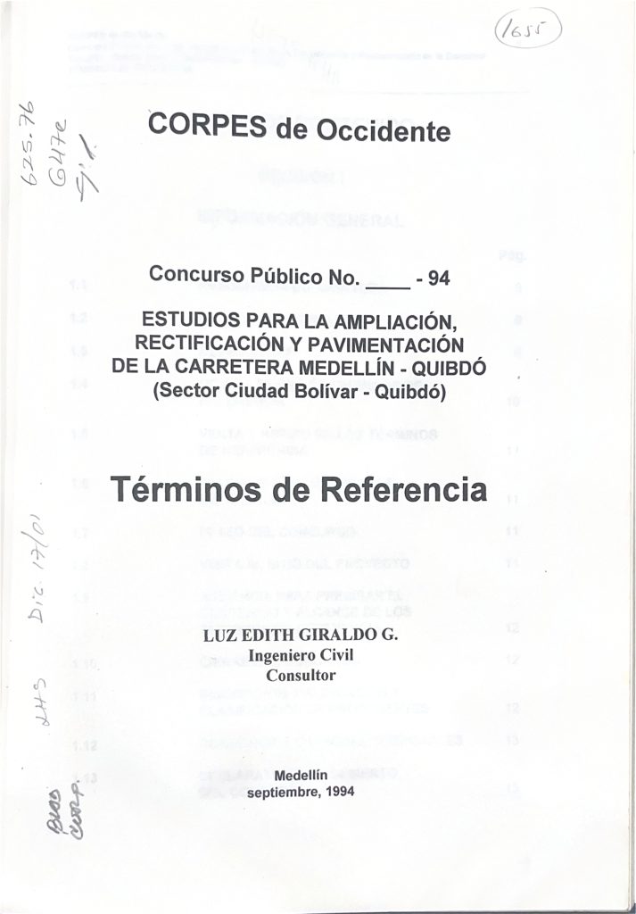 T&eacute;rminos de referencia para estudios de la v&iacute;a Quibd&oacute;-Medell&iacute;n.