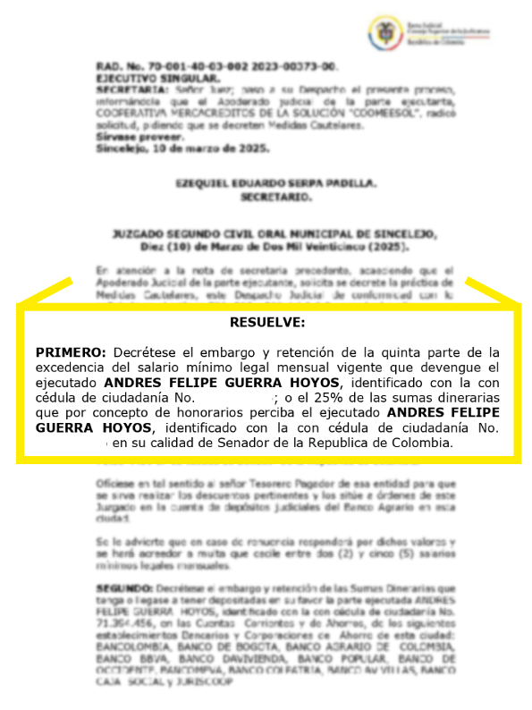 Andrés Guerra Hoyos sueldo embargado. Documento de juzgado,