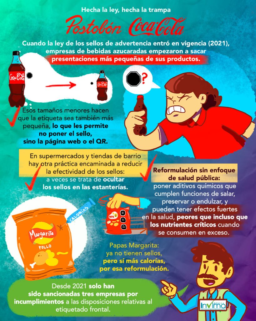 Postobón Coca Cola Sellos Papas Margarita Las empresas que producen comestibles ultraprocesados y bebidas azucaradas encuentran cada vez más formas de hacerles el quite a leyes como la de los sellos de advertencia. 