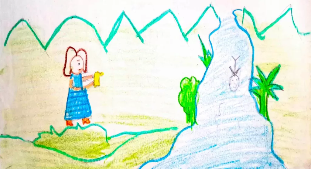 Dibujo realizado por un reporterito popular de El Cuarto Mosquetero que hace referencia a una inundación en su vereda.