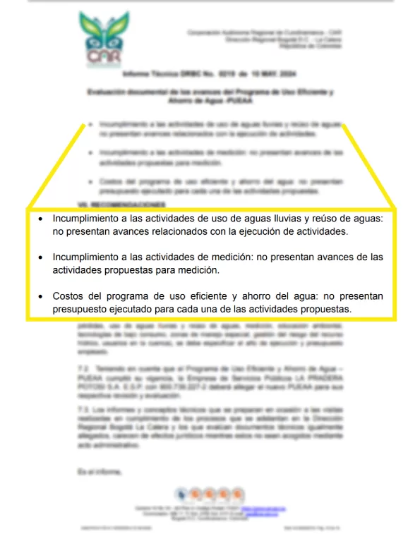 La CAR llamó la atención sobre varios incumplimientos de La Pradera de Potosí con respecto a las iniciativas de ahorro de agua.