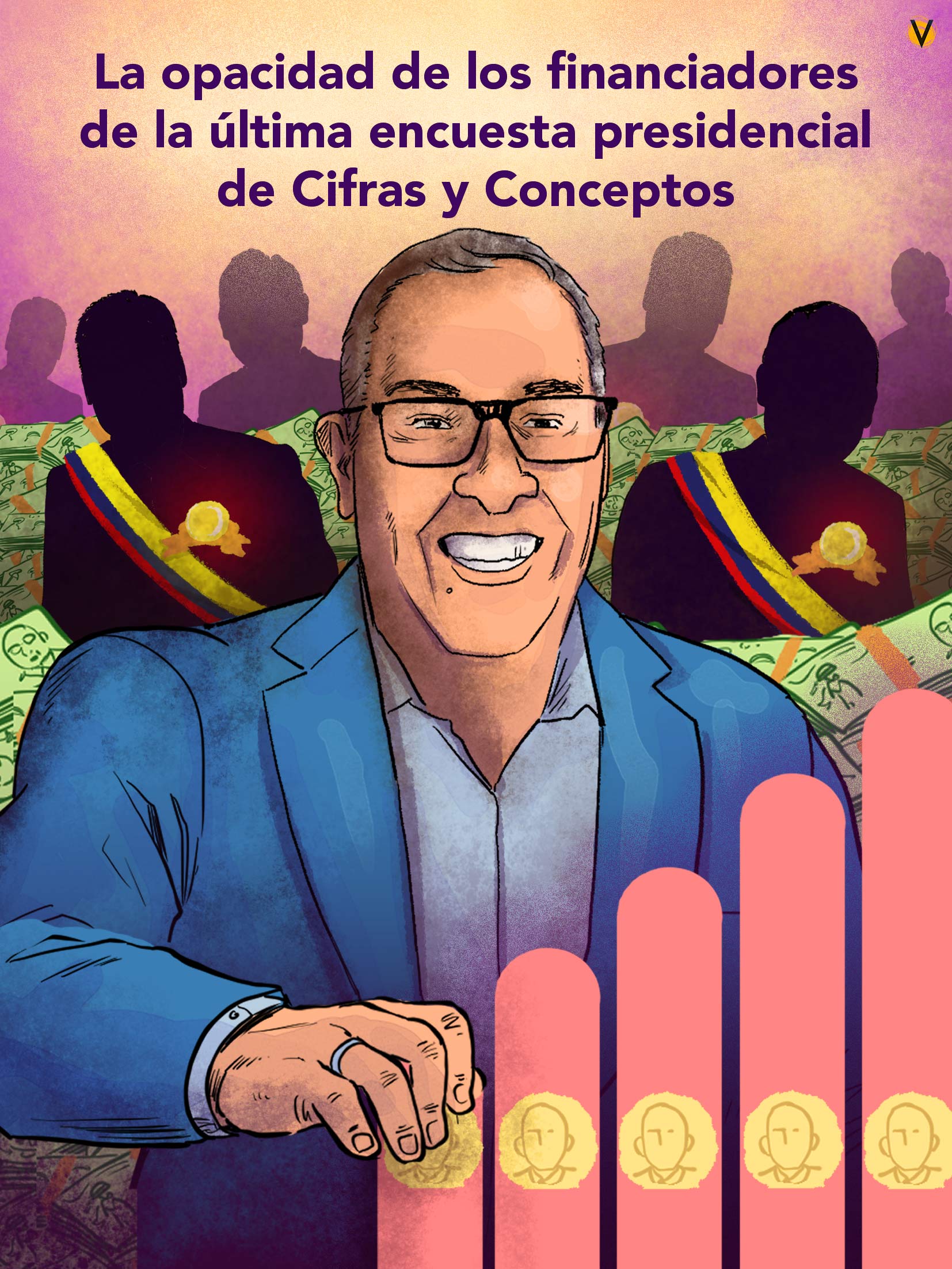 VORÁGINE encontró indicios de que las empresas que pagaron la encuesta de Cifras y Conceptos son cercanas a algunos candidatos, sin que eso se informara al público. César Caballero, gerente de la firma, dice que buscó a 20 candidatos, pero la plata llegó de empresarios.