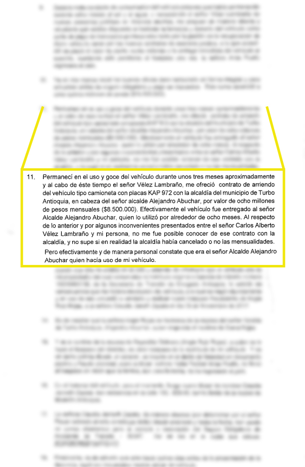 Denuncia según la cual Alejandro Abuchar, alcalde de Turbo, recibió una camioneta de manos de Carlos Alberto Vélez, alias 'Mister', narcotraficante del Clan del Golfo.