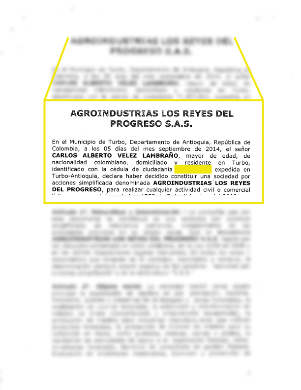 Documento de creación de Los Reyes del Progreso en el que figura el nombre de Carlos Alberto Vélez, alias 'Mister', narcotraficante del Clan del Golfo.