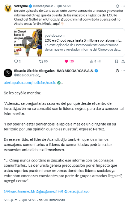 Asesor jurídico del Clan del Golfo, Ricardo Giraldo, habló de una "mentira", pero no dijo cuál.