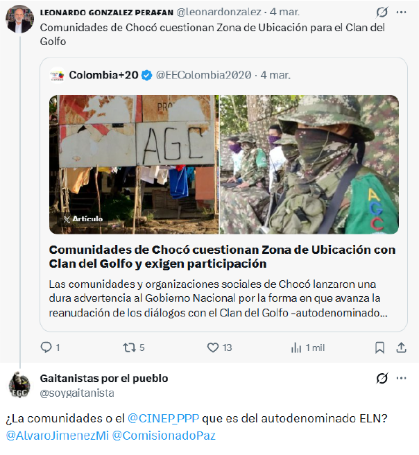 El Clan del Golfo estigmatizó al Cinep por medio de su cuenta de X (antes Twitter).