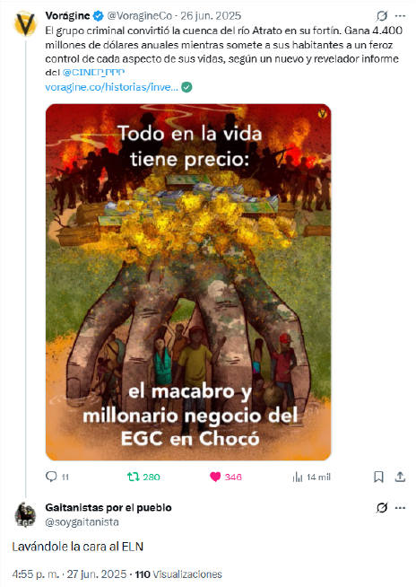 El Clan del Golfo señaló, sin pruebas, a Vorágine y al Cinep de lavarle "la cara al ELN".