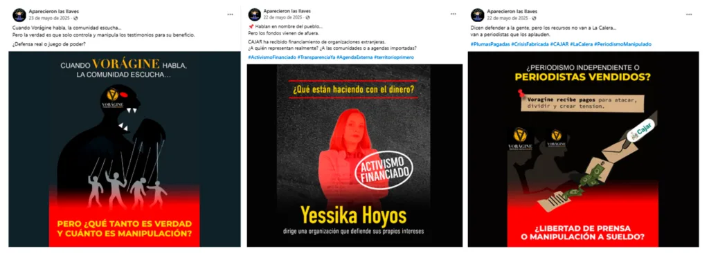Pantallazos de anuncios que ha pagado una cuenta llamada "Aparecieron las llaves". Buscan desprestigiar a Vorágine y a liderazgos sociales.
