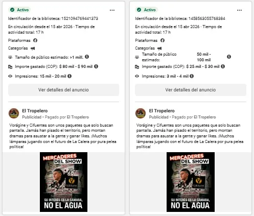 Anuncios que ha pagado una cuenta de Facebook llamada "El tropelero". En las publicaciones buscan desprestigiar a Vorágine y al concejal Javier Cifuentes.
