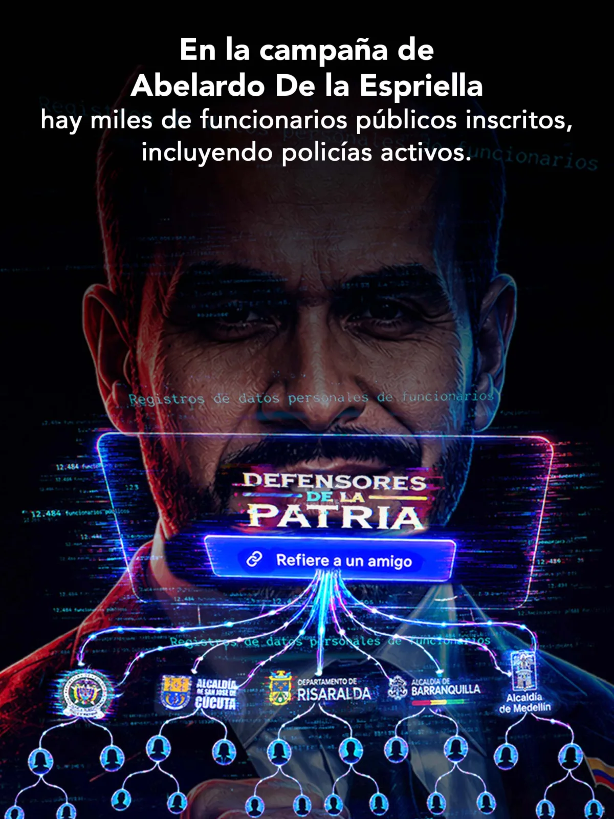 Según revela una base de datos que la campaña del candidato dejó abierta y a la que esta alianza periodística tuvo acceso, para el 27 de mayo de 2026 había recolectado más de 1.4 millones de registros de personas que supuestamente se unieron voluntariamente. Entre estos, encontramos aproximadamente 17 mil que serían funcionarios, varios aparecen como referidores de contratistas de su entidad.