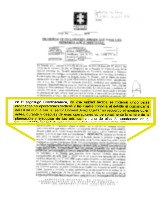 Testimonio juramentado de Luis Fernando Borja en el que señala al general Jorge Jeréz Cuellar de estar enterado de la planeación de dos operaciones de falsos positivos.