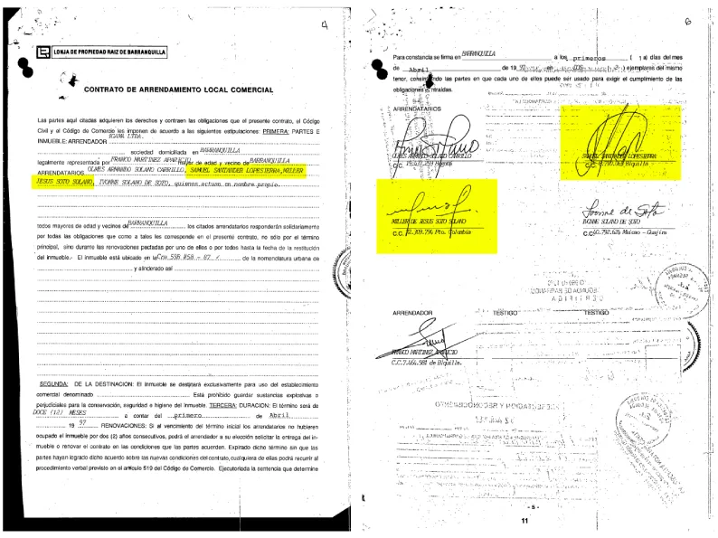 Dos páginas del contrato firmado, entre otros, por Miller Soto y Samuel Santander Lopesierra, señalado contrabandista de La Guajira.