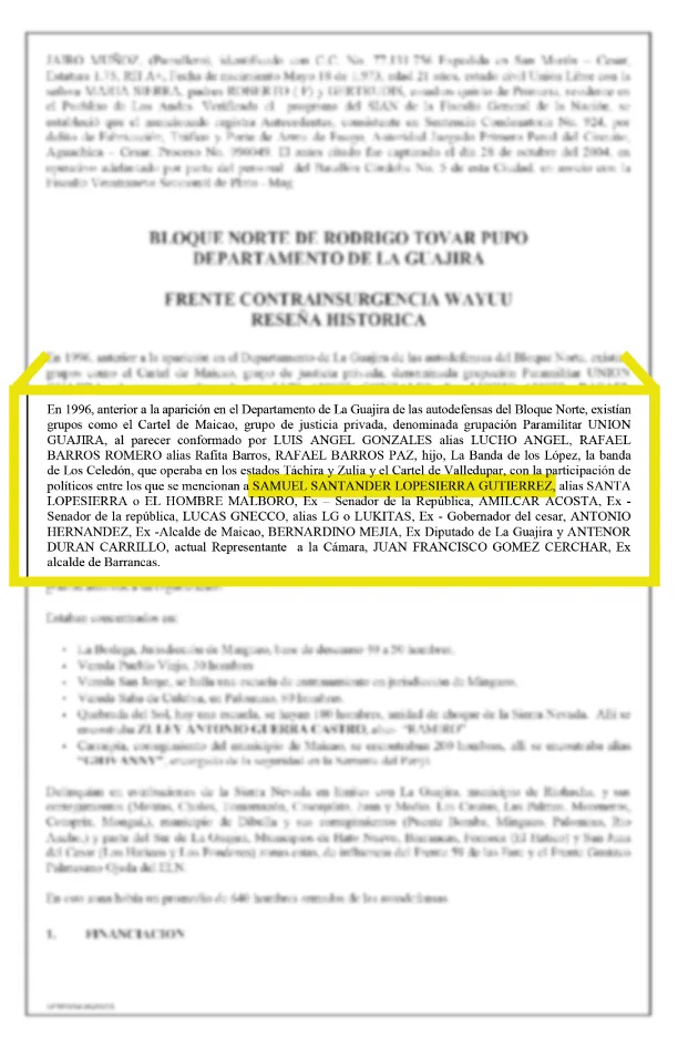 Documento de la Fiscalía en el que se señala a Santander Lopesierra de hacer parte del Cartel de Valledupar.